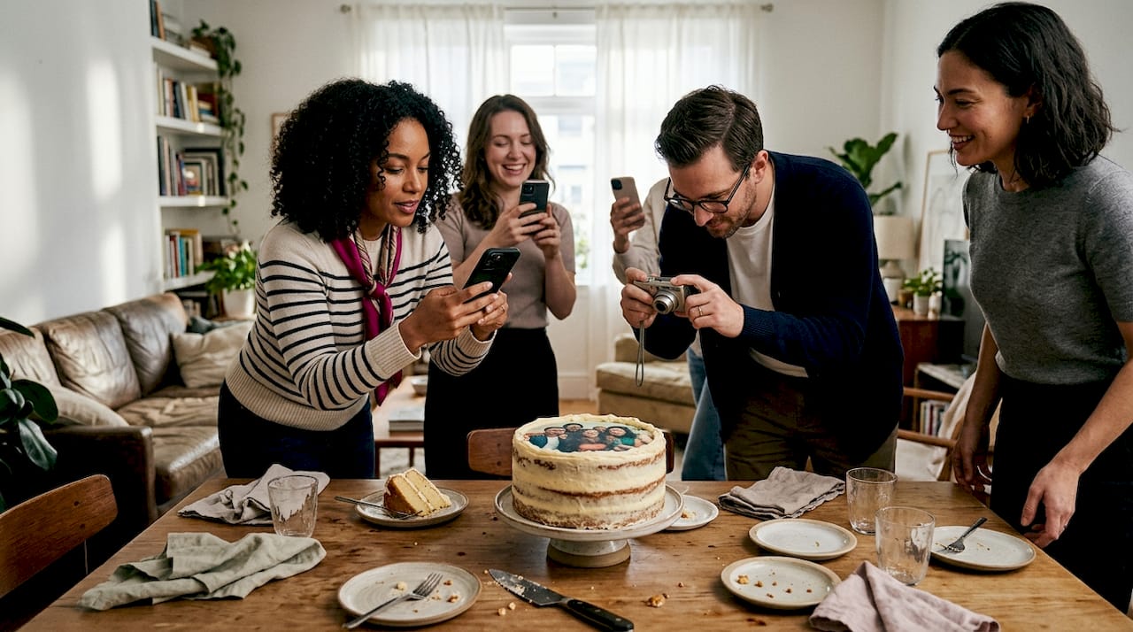Invitados tomando fotos al pastel durante el evento