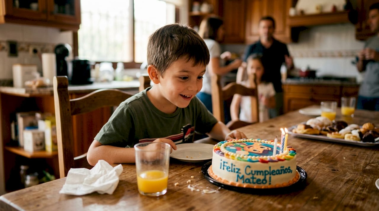 La cara del niño se ilumina de alegría al ver que su pastel lleva su oblea favorita.
