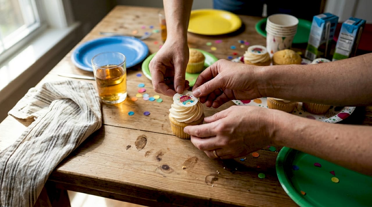 Colocando la decoración comestible sobre los cupcakes para la fiesta