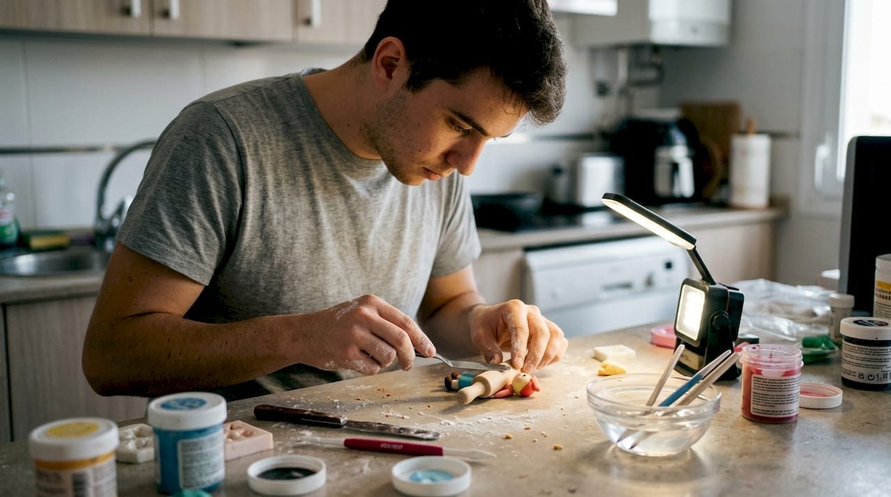 Un hombre da forma a figuras de fondant mientras trabaja en la cocina.