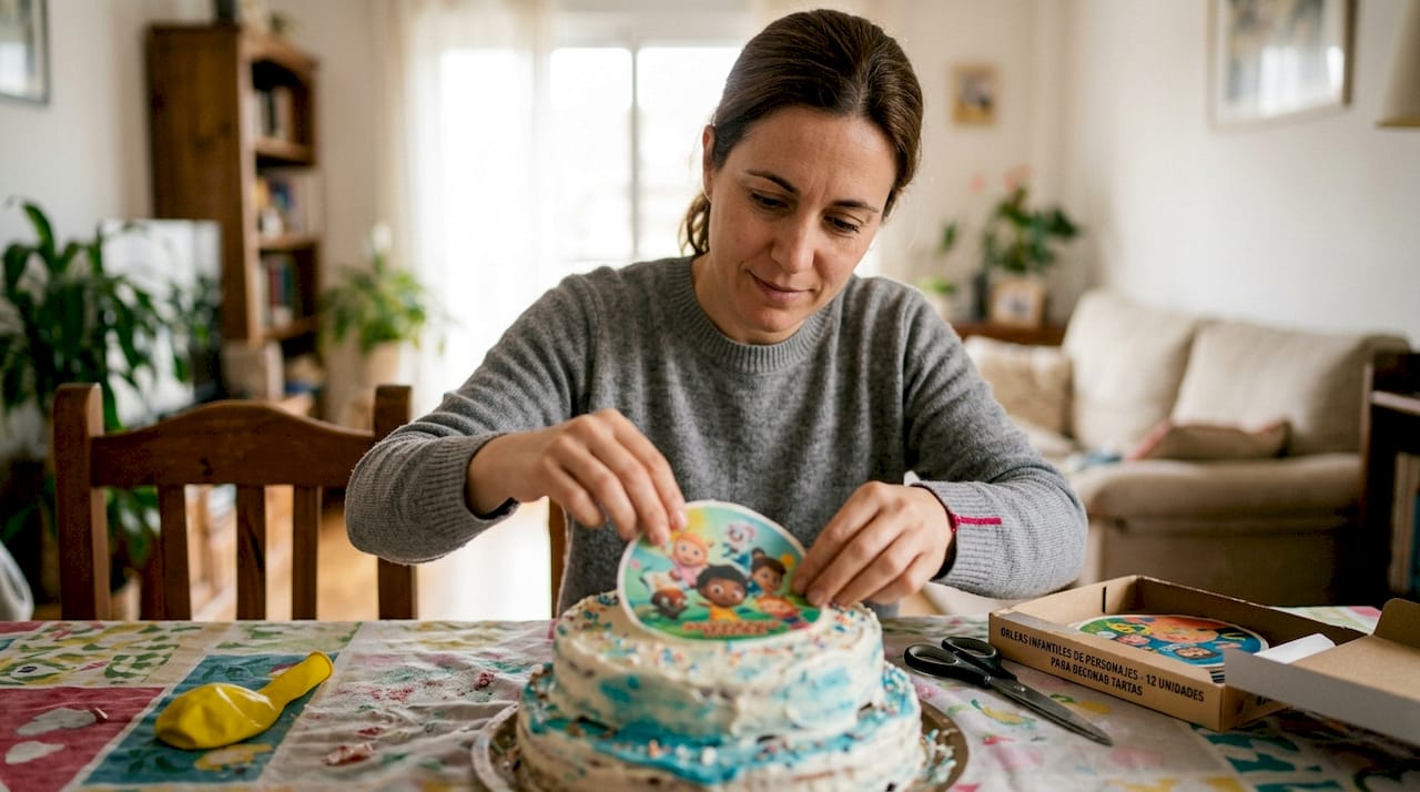 Decorando un pastel casero con una oblea infantil