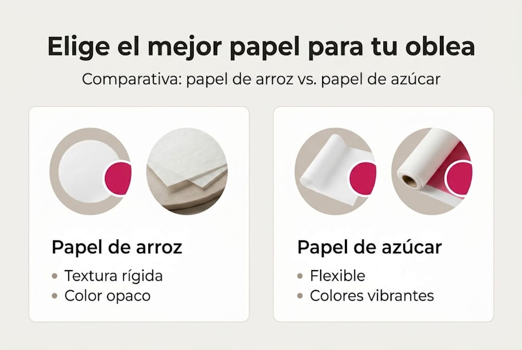 Guía visual sobre papel de arroz y papel de azúcar para decorar obleas