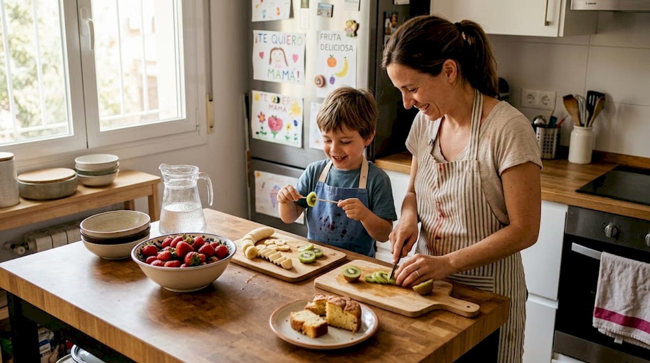 Una familia prepara juntos postres saludables en la cocina, disfrutando del momento y aprendiendo nuevas recetas.