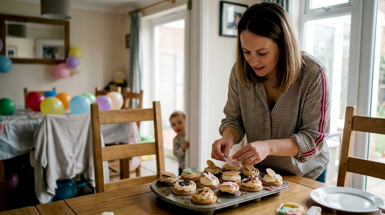 Una mujer prepara y decora cupcakes con mucho detalle para una fiesta de cumpleaños infantil.