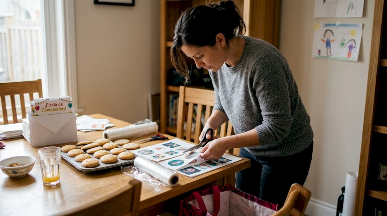 Un padre o madre preparando postres para una fiesta con obleas