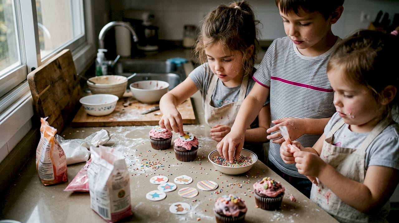 Pequeños preparando y decorando cupcakes con láminas de azúcar