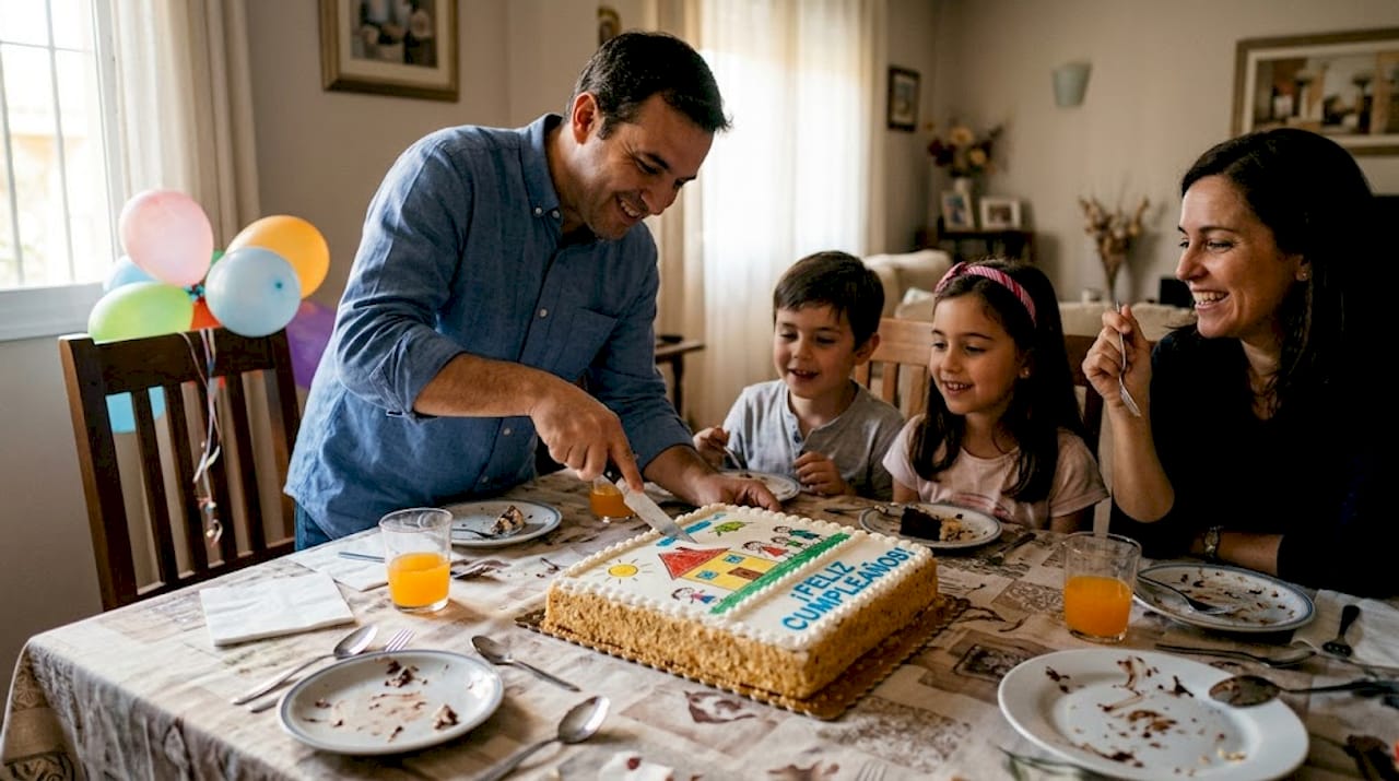Una familia reunida parte una tarta decorada durante una celebración.
