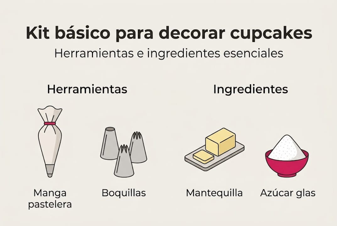 Guía visual: utensilios e ingredientes básicos para preparar cupcakes