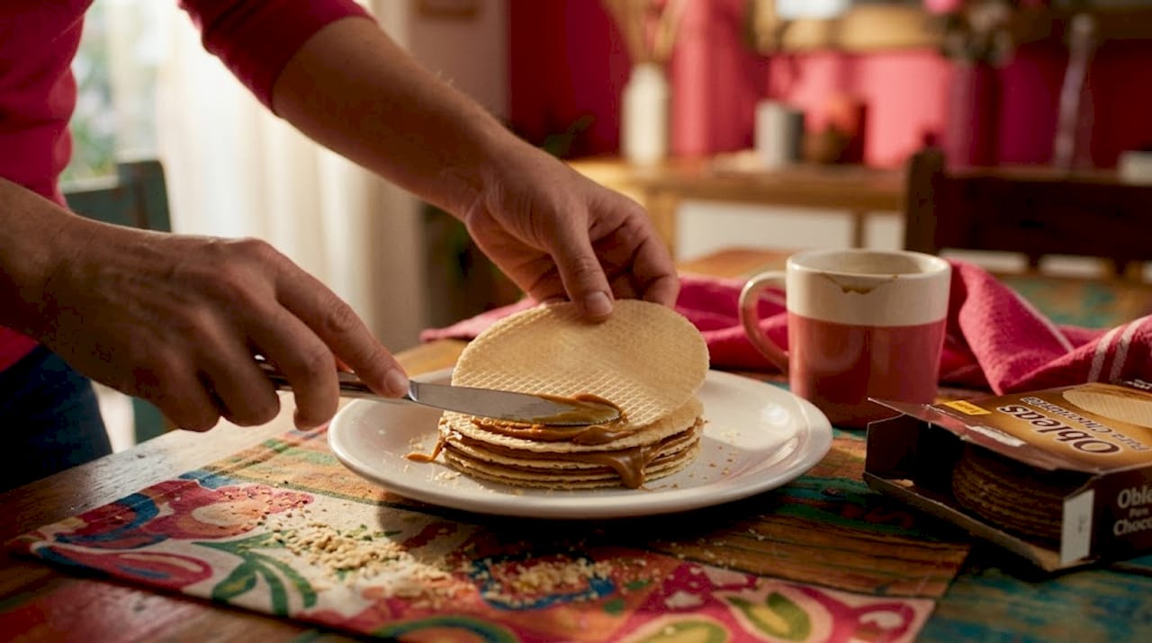Unas manos arman capas de obleas con dulce de leche, formando ese clásico y delicioso postre que tanto nos gusta.