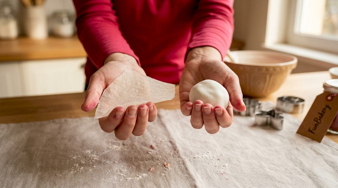 Manos mostrando la diferencia entre papel de azúcar y fondant para decorar postres