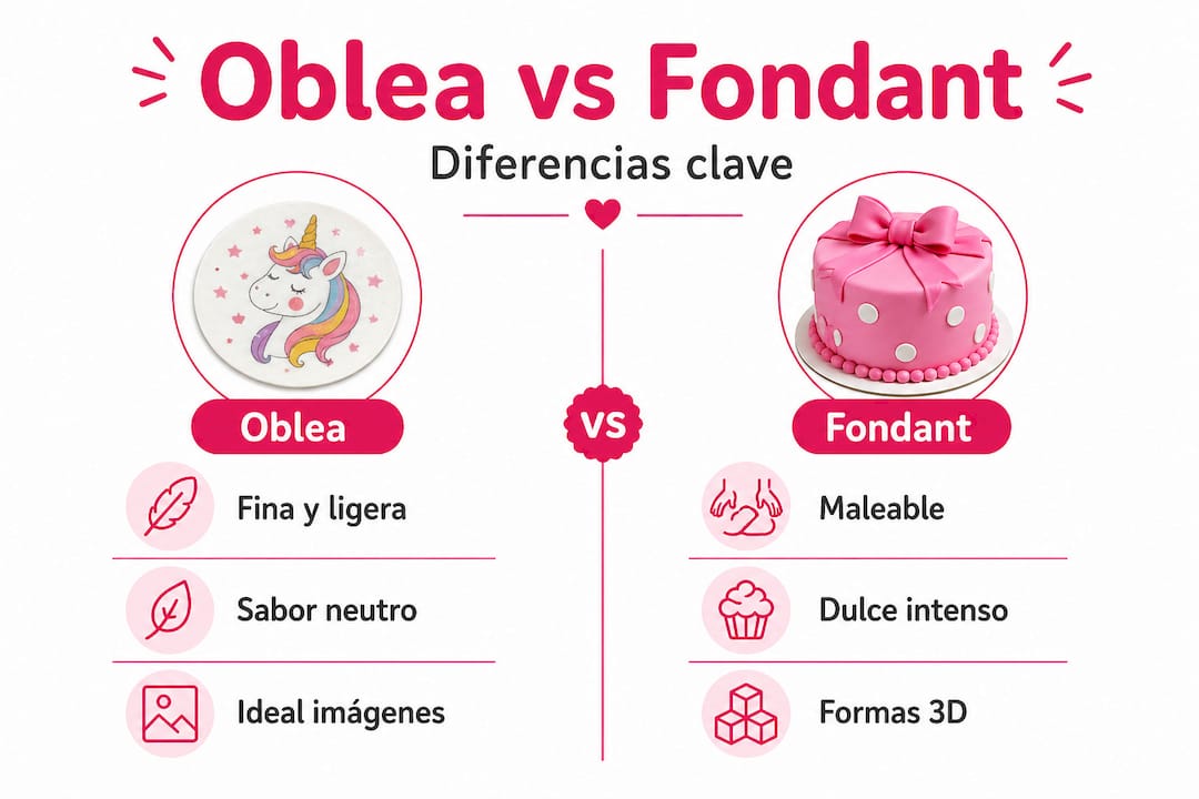Infografía: diferencias entre la oblea y el fondant en la decoración de postres