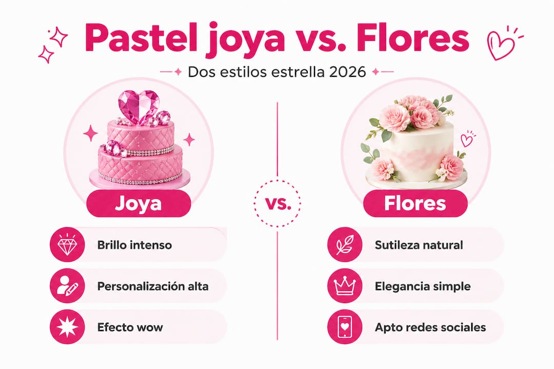 Infografía que muestra las diferencias entre un pastel de joyas y uno decorado con flores