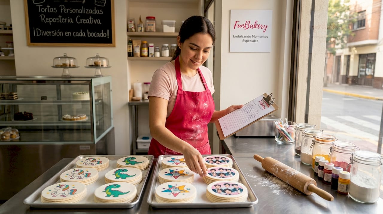 El personal de la pastelería organiza obleas decoradas según la temática.