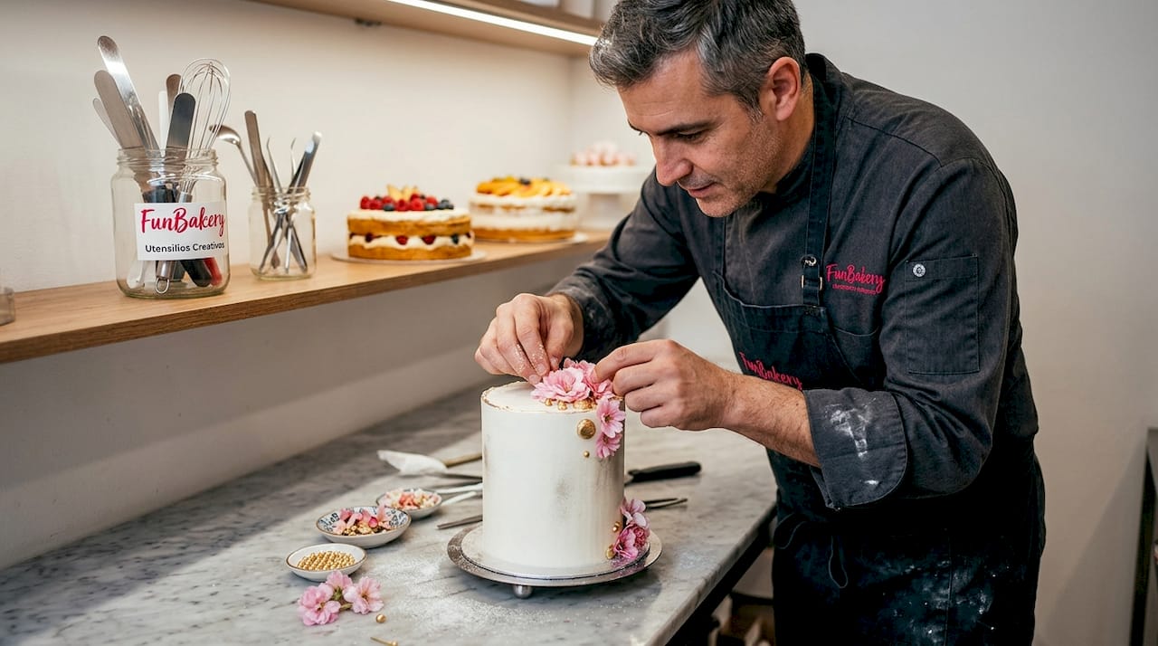 Un hombre se encarga de colocar con esmero los detalles elegantes del pastel de cumpleaños.