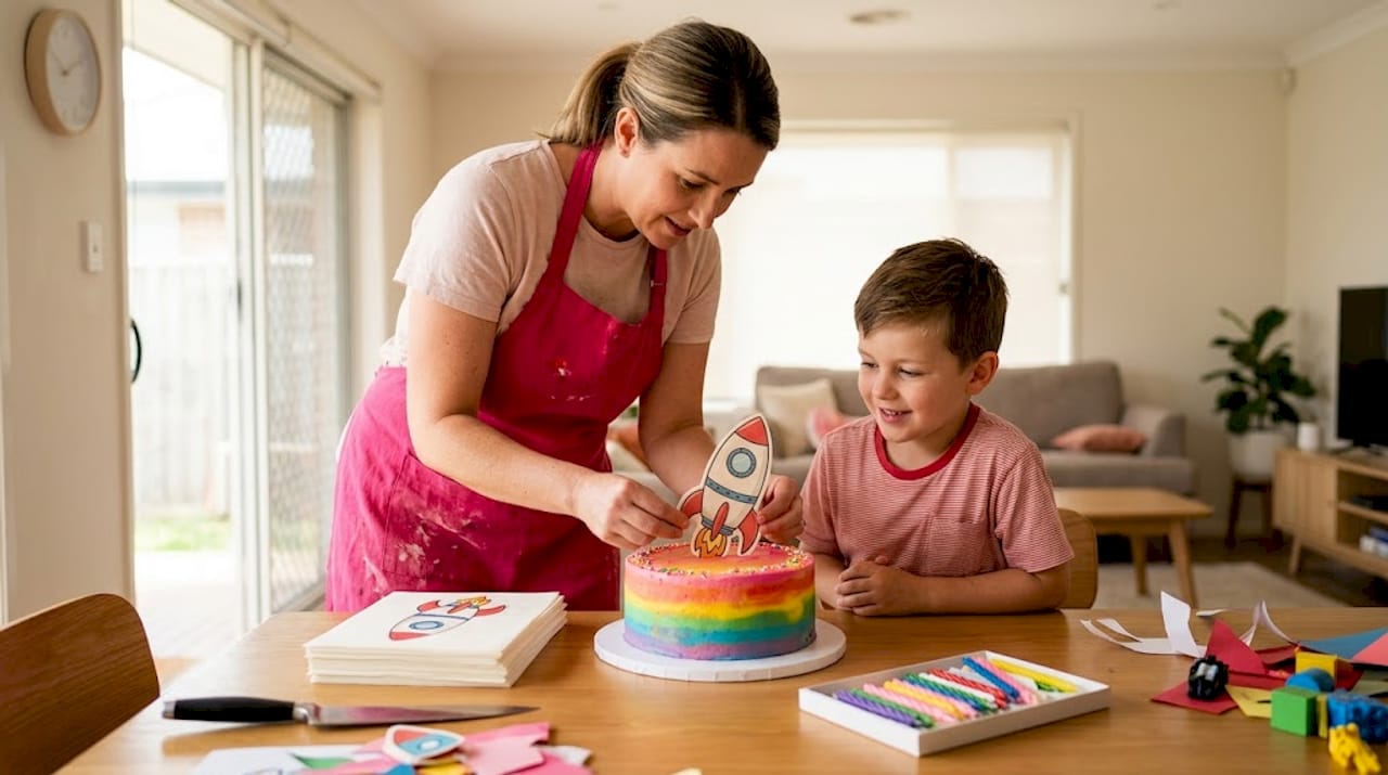 Un niño observa con atención cómo colocan una oblea comestible sobre el pastel.
