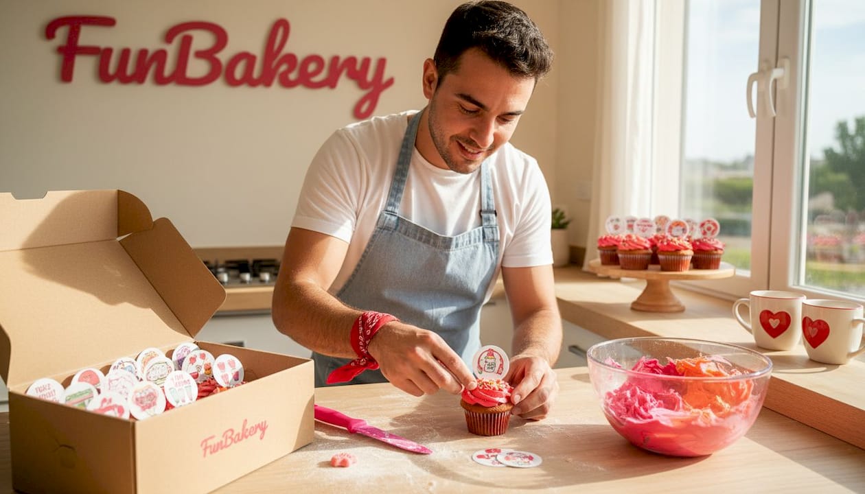 Pastelero decorando un cupcake con una oblea