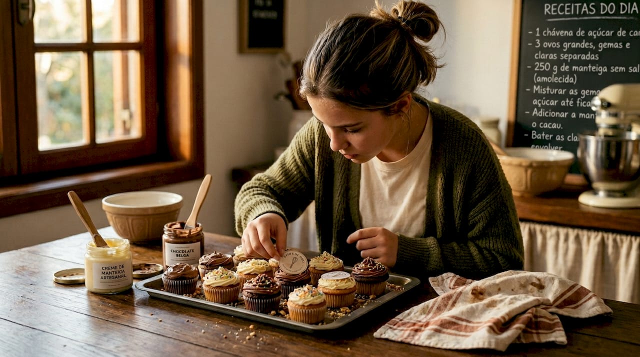 Jovem a decorar cupcakes com folhas comestíveis