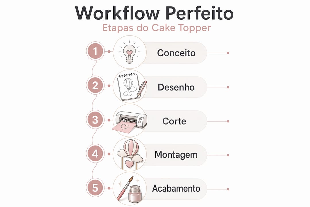 Infografia com as fases essenciais do processo de criação de cake toppers