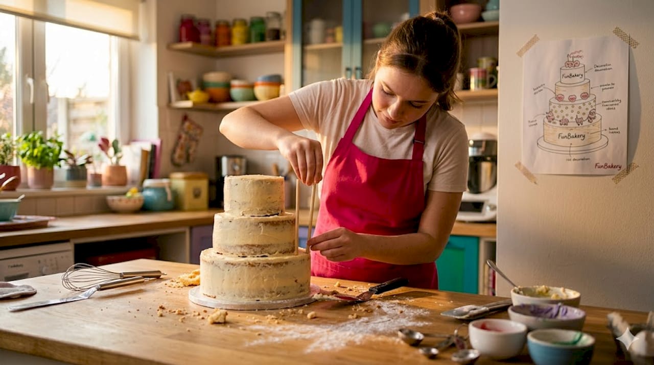 Pastelero montando una tarta personalizada de varios pisos, cuidando cada detalle para que la estructura sea perfecta.