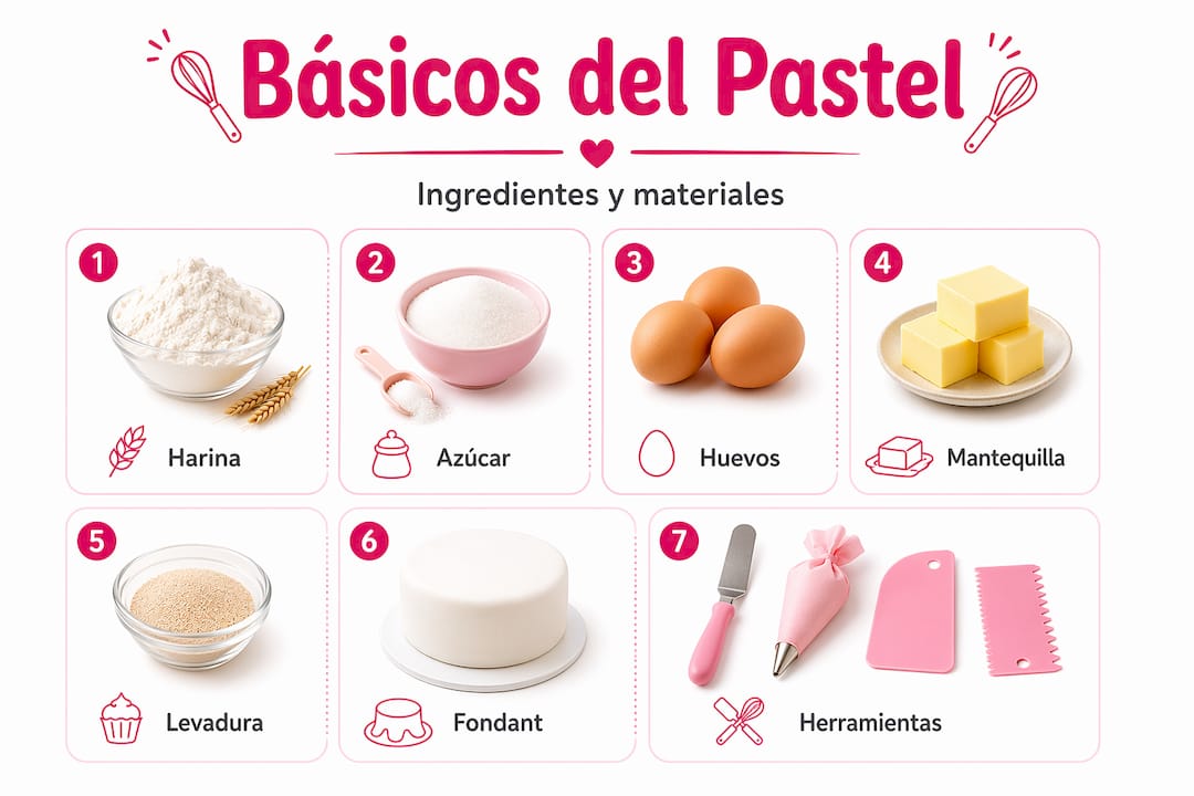 Infografía con todo lo esencial para preparar pasteles: ingredientes y utensilios básicos