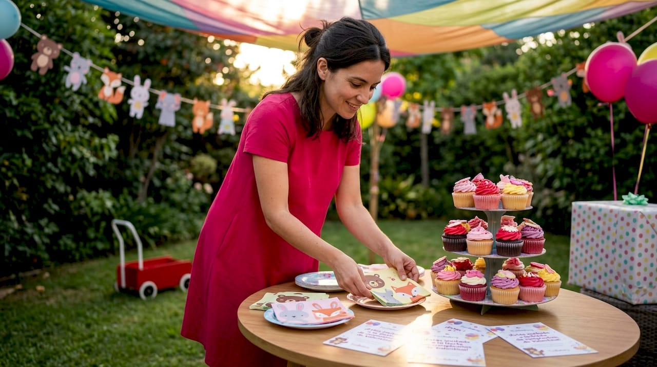 Mujer decorando la mesa para una fiesta temática en casa