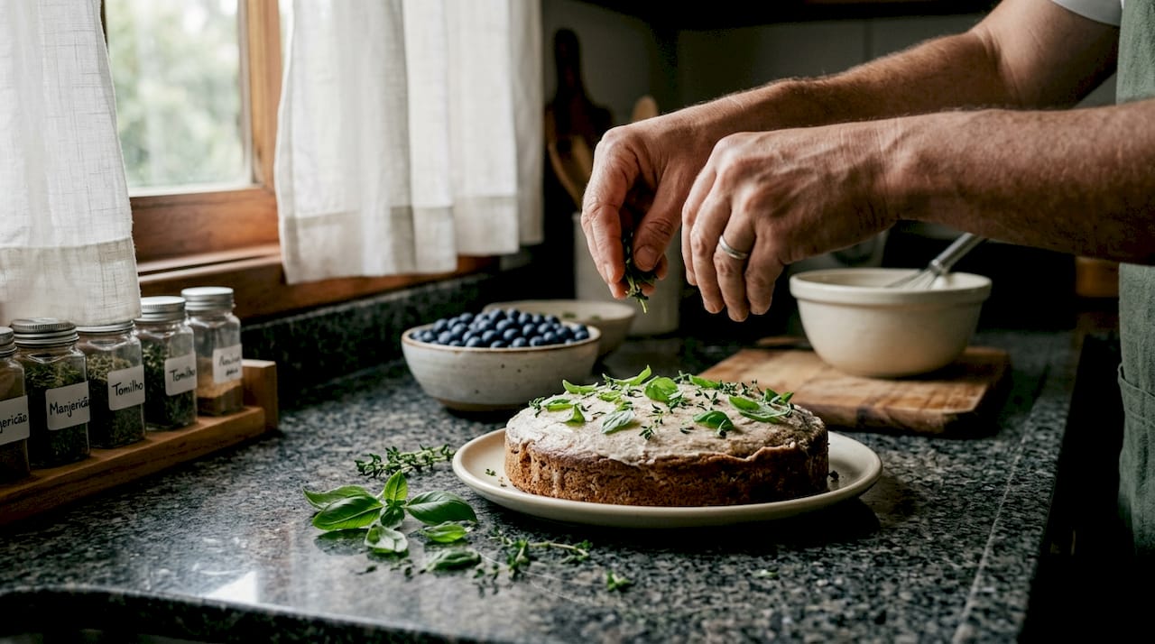 Enfeitar bolos com ervas aromáticas frescas
