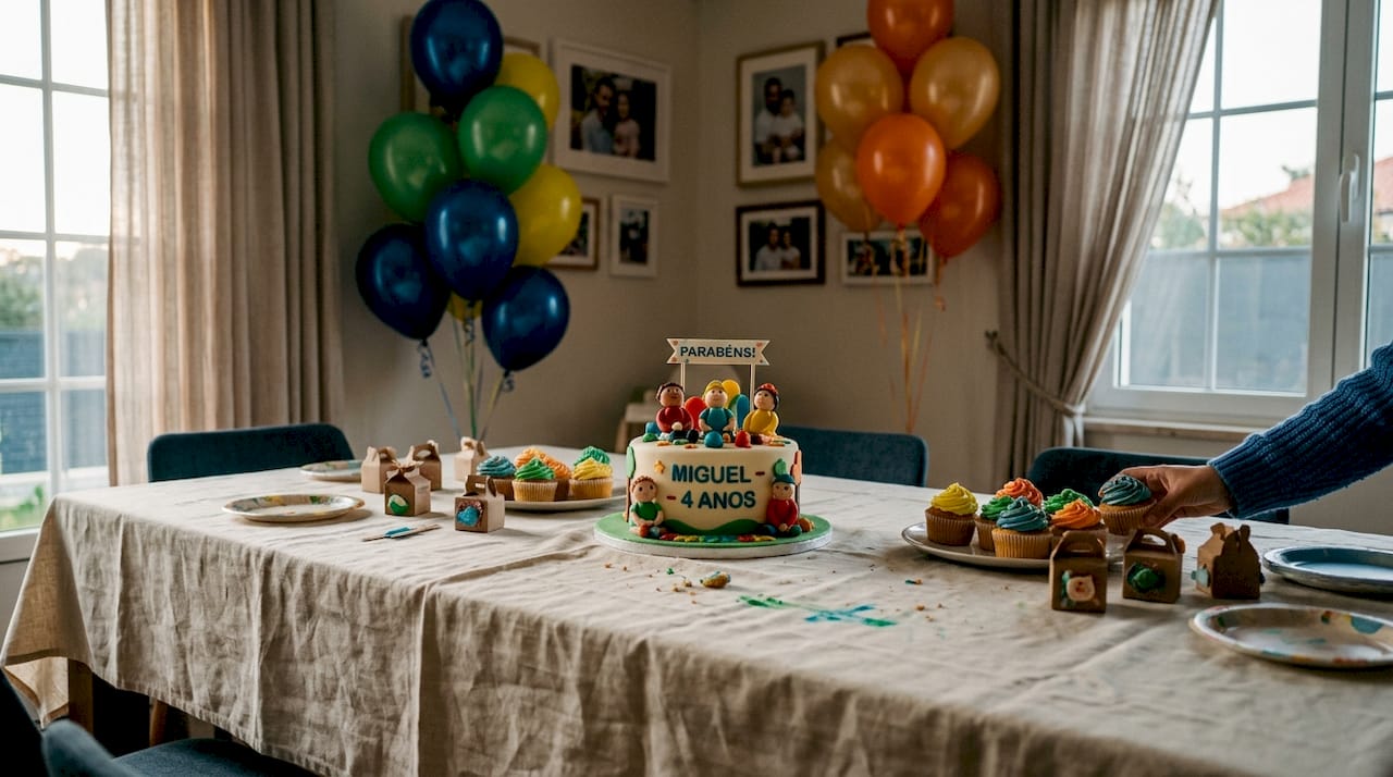 Mesa de festa decorada com bolo e cupcakes personalizados
