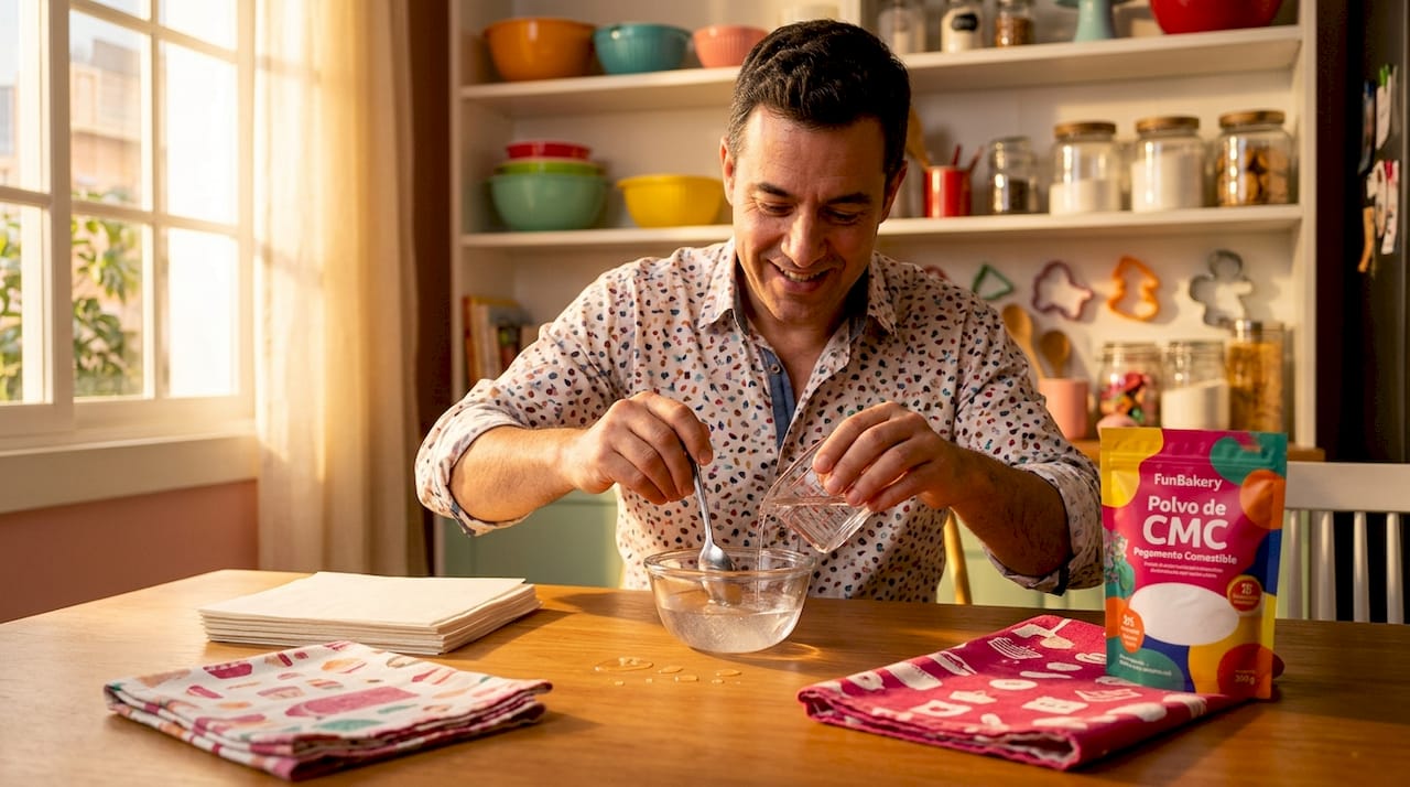 Un hombre prepara pegamento comestible casero en la cocina.