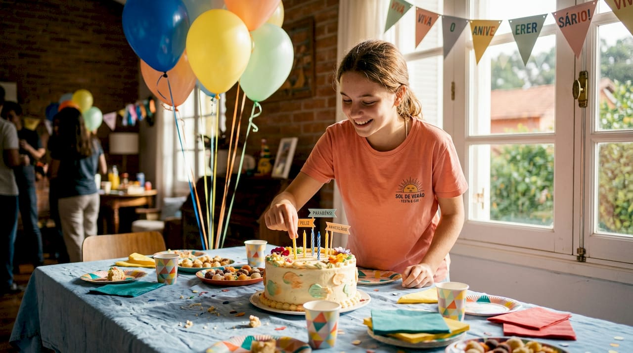 Mesa decorada com um bolo personalizado a ser o destaque da festa