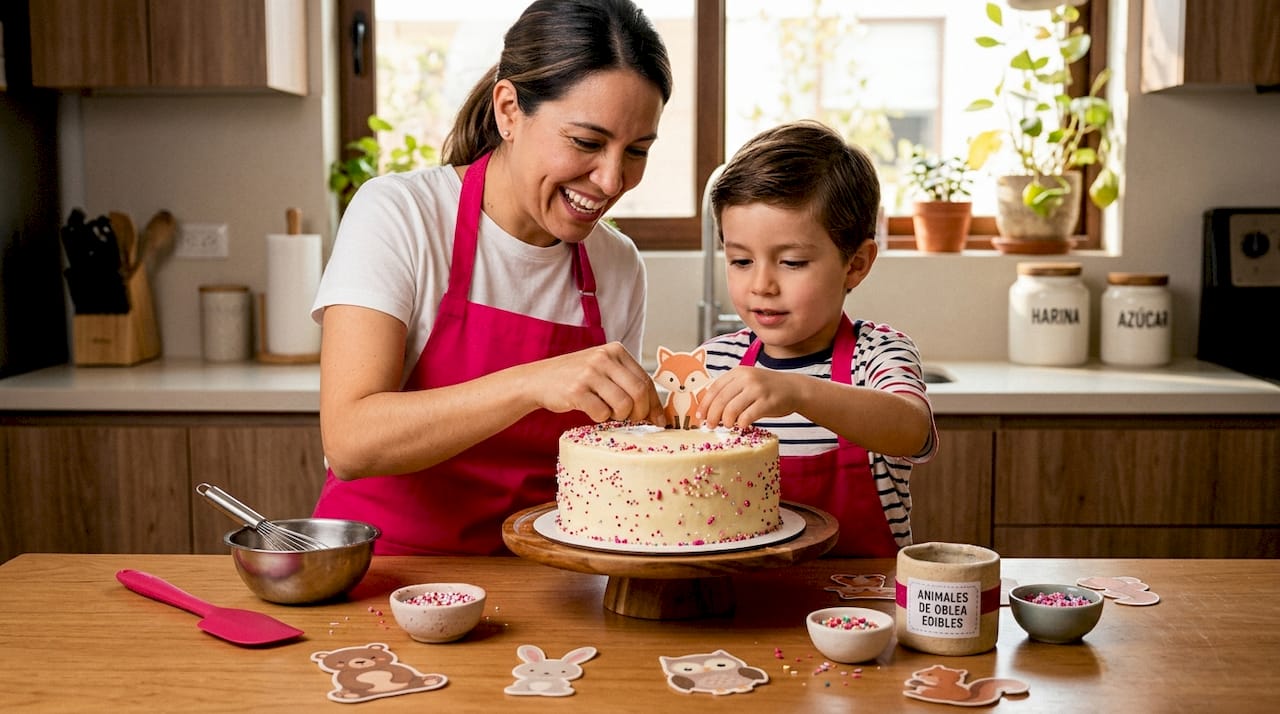 Un padre y su hijo se divierten decorando juntos una tarta con motivos de animales.