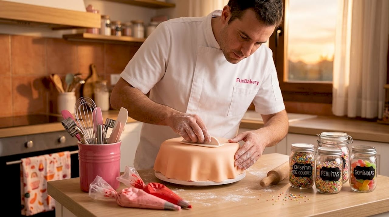 Un pastelero alisando el fondant sobre una tarta
