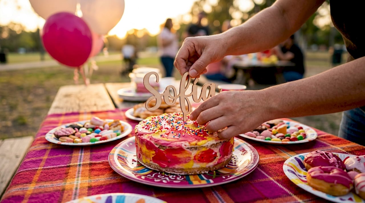 Unas manos colocando el adorno con el nombre sobre la tarta en plena celebración.
