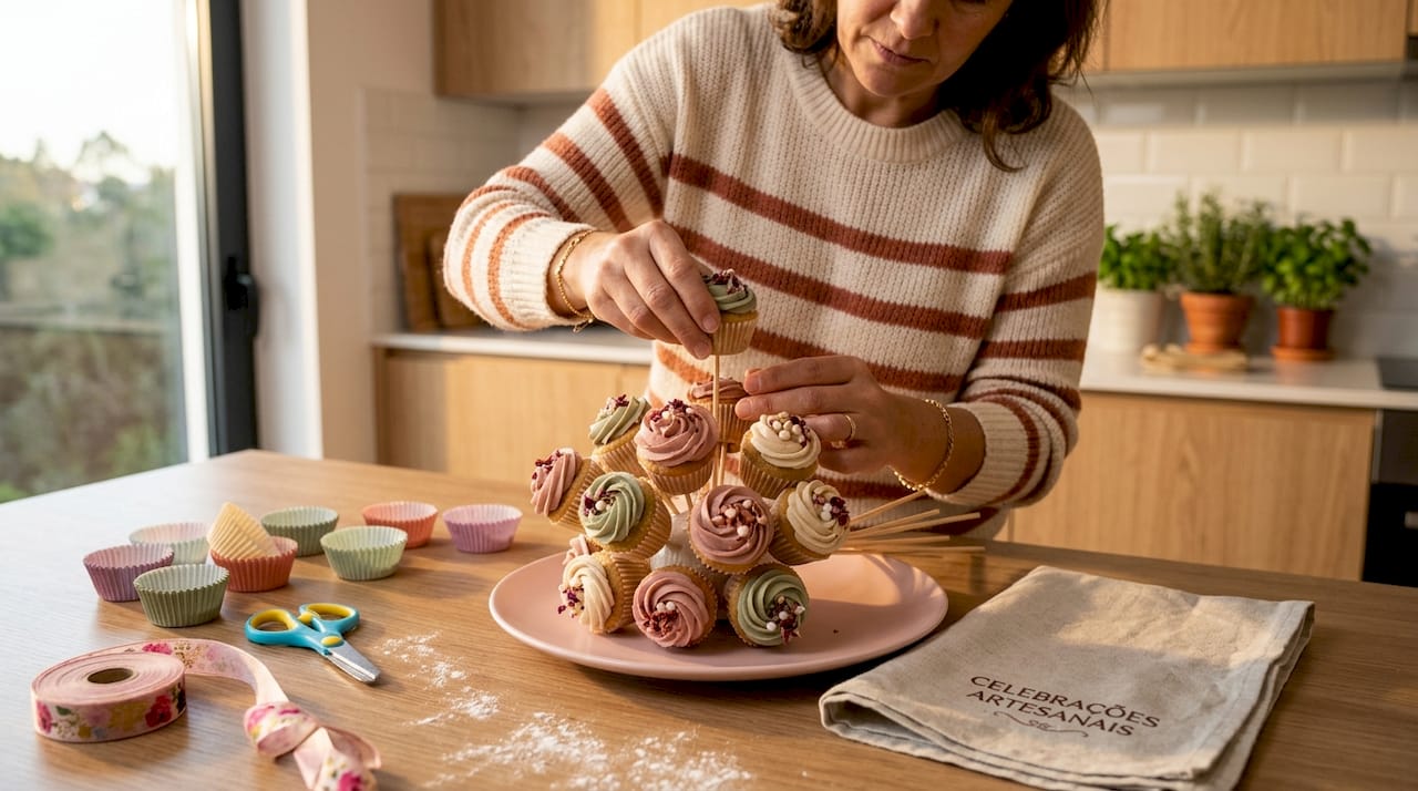 Sobre a mesa, mãos cuidadosamente arranjam um bouquet de mini cupcakes.