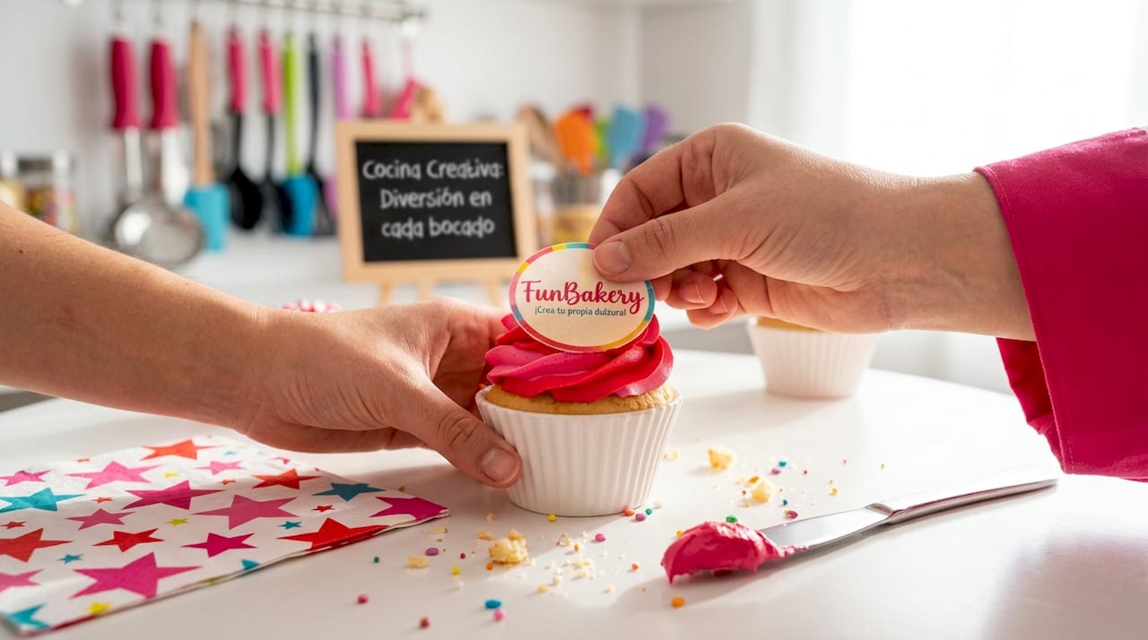 Unas manos colocando una oblea decorativa sobre un cupcake cubierto de crema