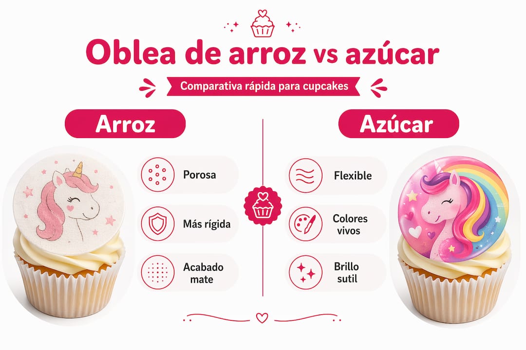 Infografía que muestra las diferencias entre obleas de arroz y obleas de azúcar para cupcakes