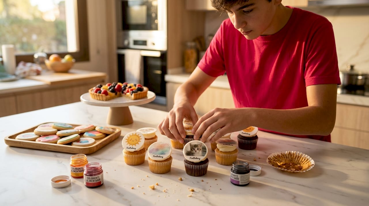 Una persona coloca postres decorados con obleas personalizadas.