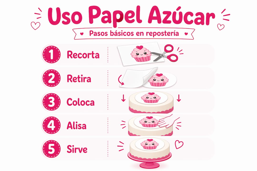 Infografía con el paso a paso para aplicar papel de azúcar en tus postres