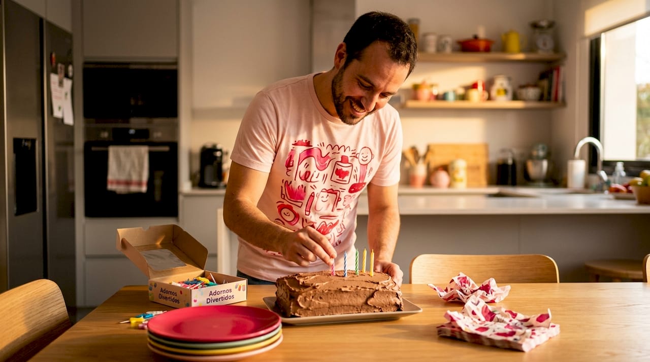 Un hombre coloca las velas sobre la tarta de cumpleaños en casa.