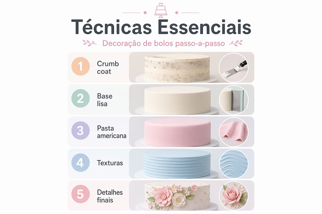 Infográfico com os passos essenciais para decorar bolos