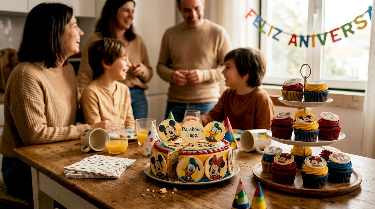 Mesa de festa com bolos personalizados decorados com obreias comestíveis feitas à medida.