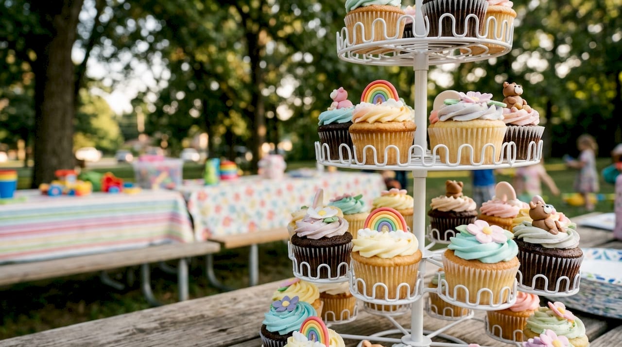 Suporte recheado de cupcakes coloridos e temáticos, perfeito para animar festas de crianças.
