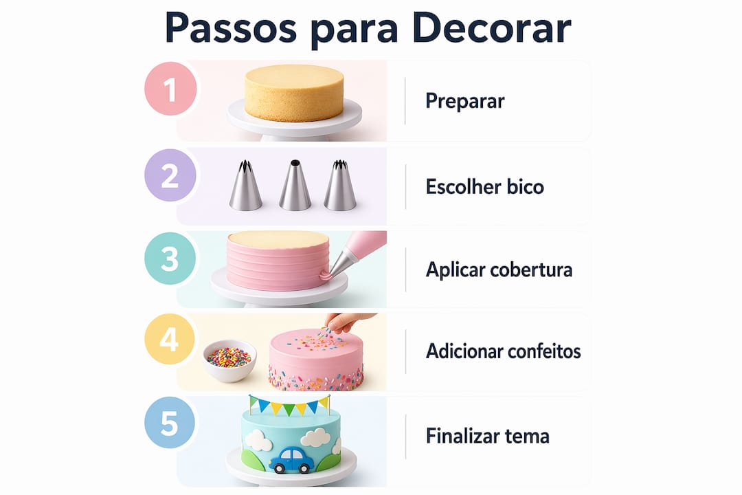 Guia ilustrado com etapas para decorar cupcakes para crianças