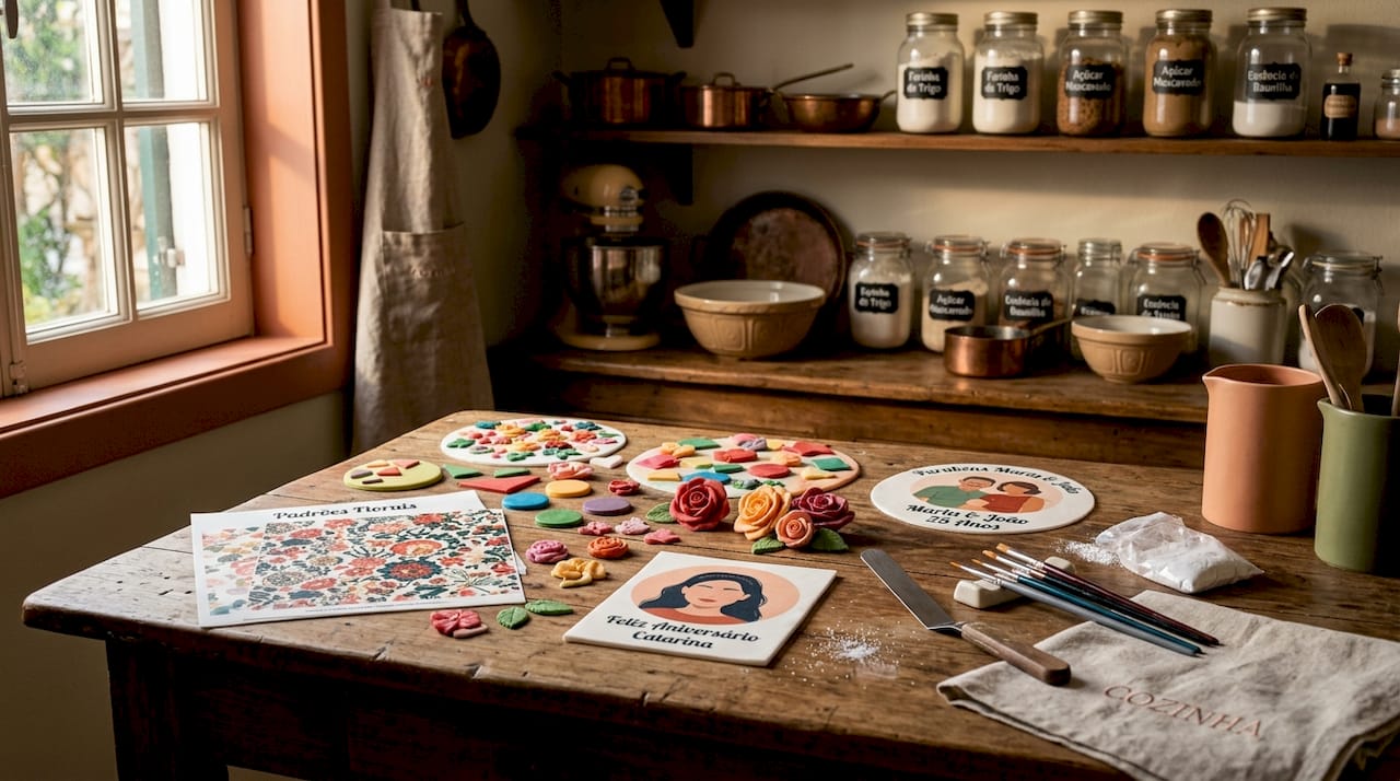 Toppers de bolo comestíveis e coloridos dispostos numa mesa de madeira