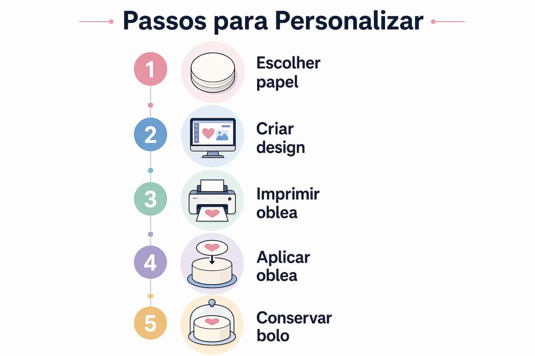 Guia visual com os passos para personalizar as suas obleas
