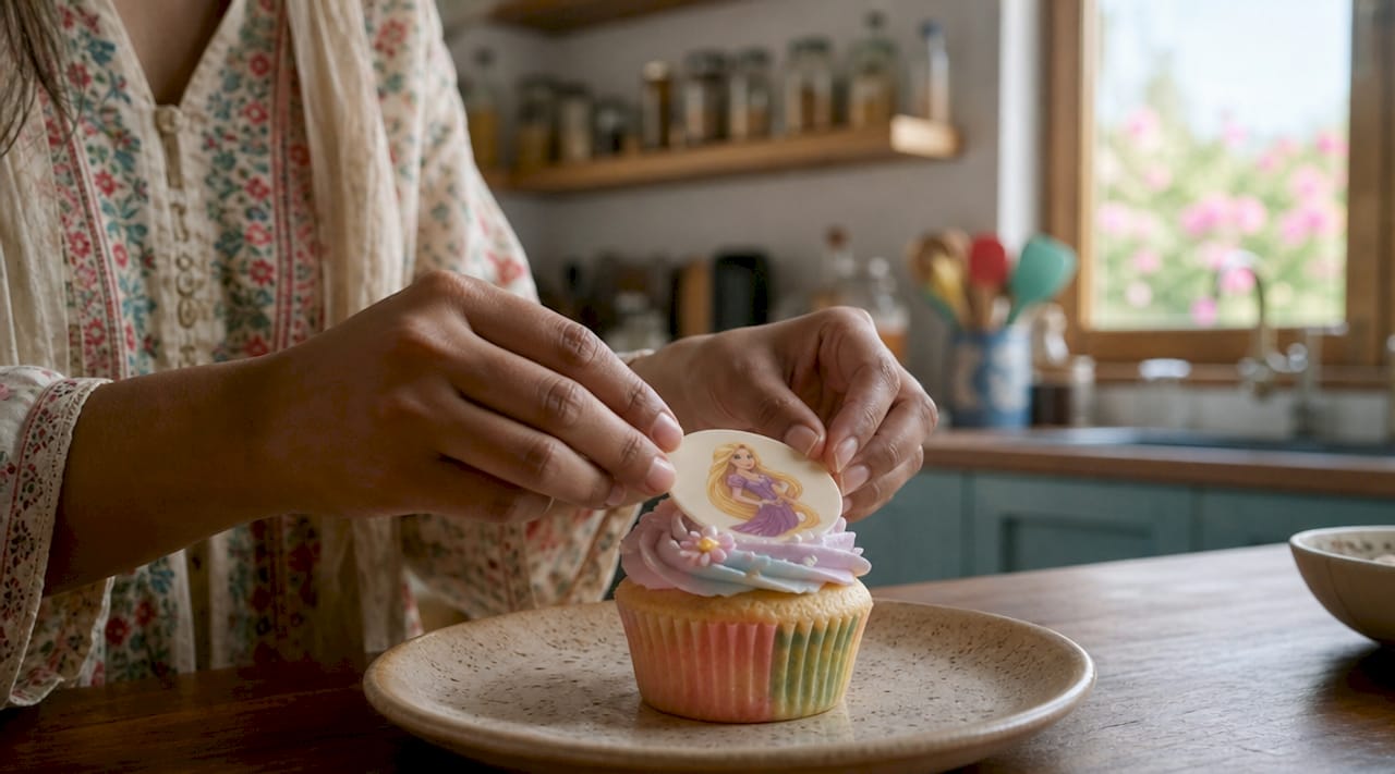 Detalhe de mãos a segurar um cupcake decorado ao gosto