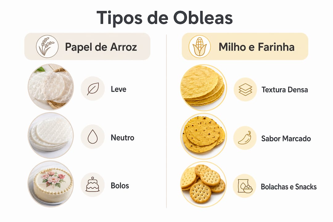 Infográfico sobre as diferentes variedades de obleas comestíveis e as suas principais aplicações