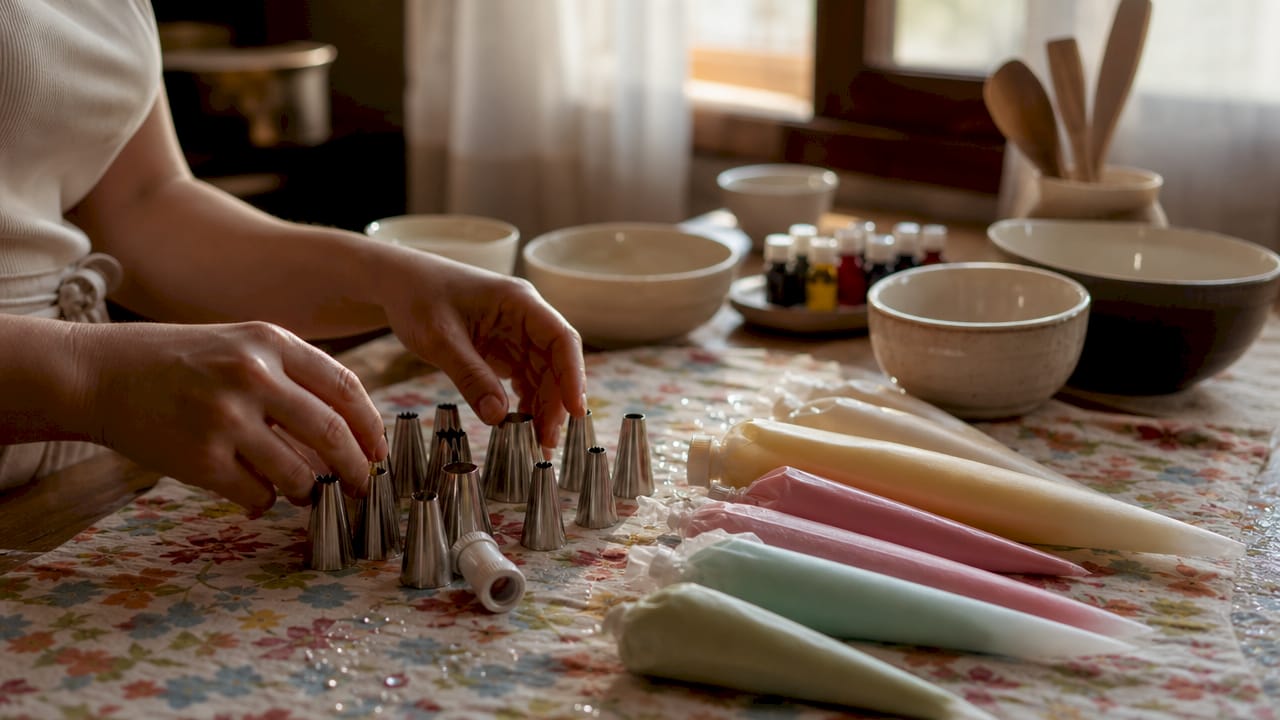 Mãos a arrumar os utensílios de decoração de bolos na bancada.