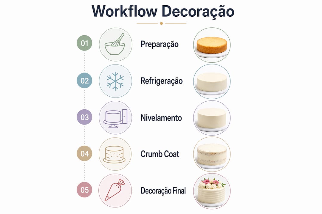 Infografia com as diferentes fases do processo de decoração de bolos