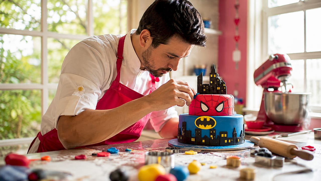 Manos colocando fondant con motivos de superhéroes sobre una tarta