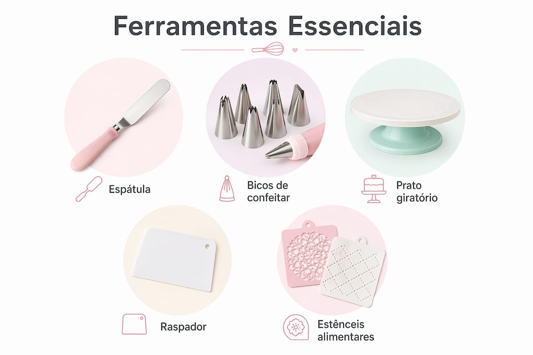 Guia visual com os utensílios indispensáveis para a decoração de bolos